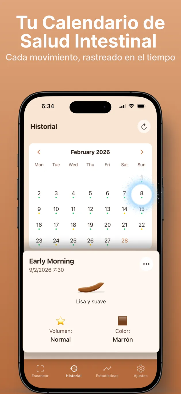 Calendario de salud intestinal con colores e historial