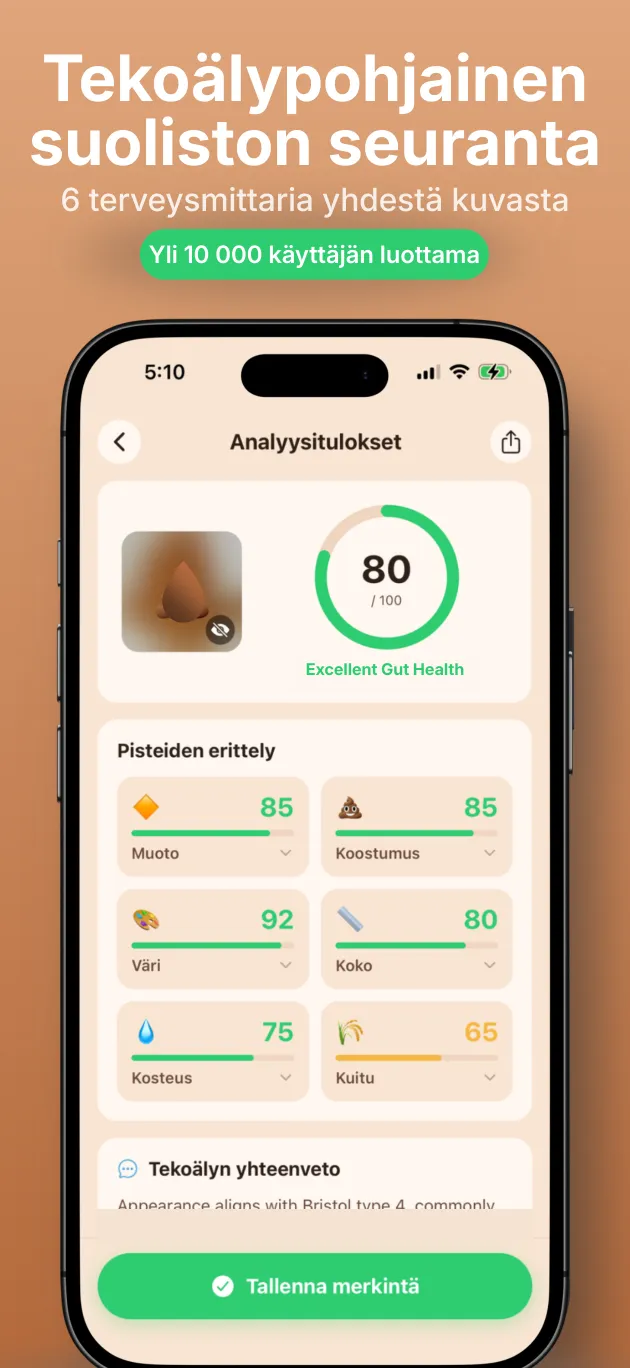 PooIQ-sovellus näyttää tekoälyn ulosteanalyysin ja suolistopisteet