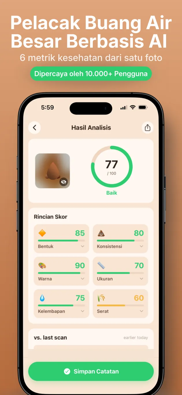 Aplikasi PooIQ menampilkan analisis feses AI dengan skor kesehatan usus