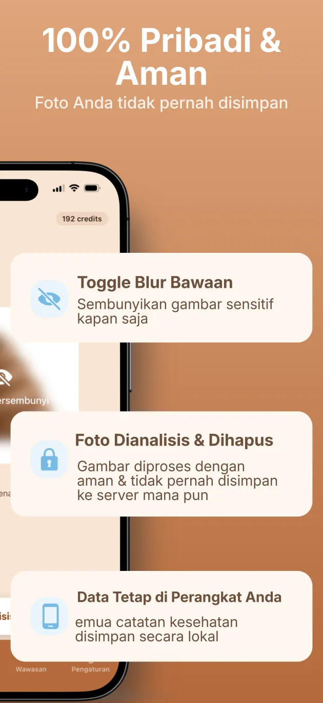Fitur privasi: tombol blur dan penyimpanan di perangkat